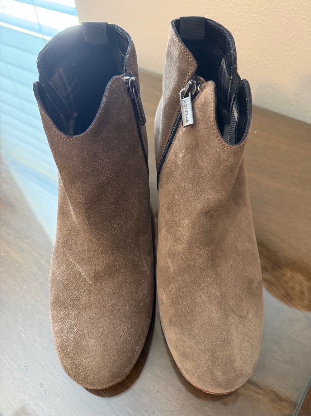 Aquatalia "Faylynn" weatherproof taupe suede ankle booties.